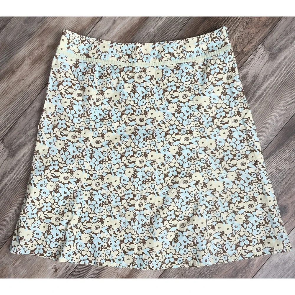 Eddie Bauer Yellow Blue Brown Pastel Floral A-line Lightweight Skirt Size 14P